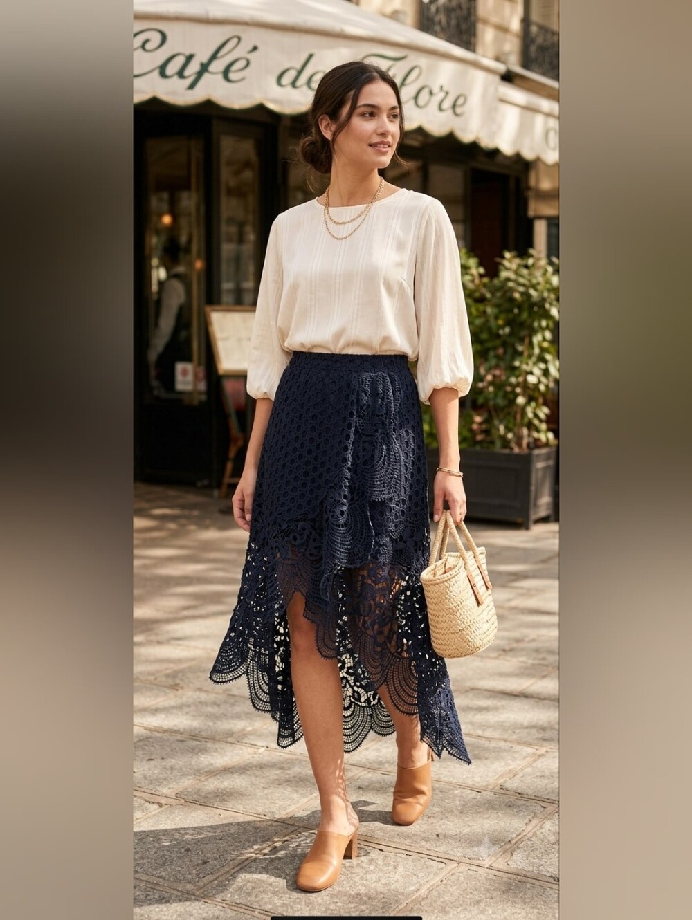 Adiva Navy Crochet Lace High-Low Skirt